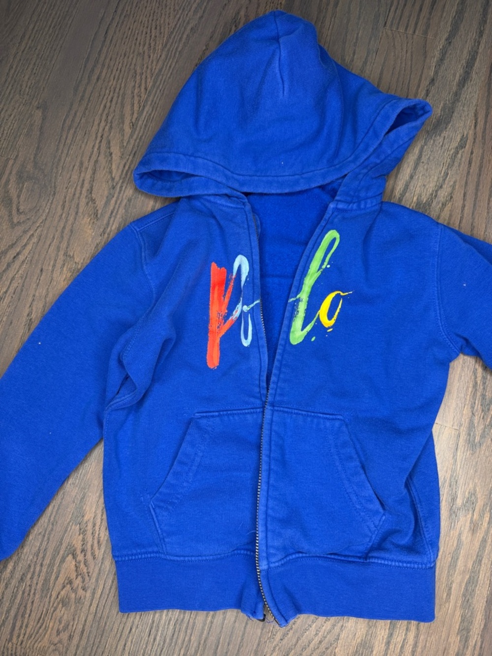 Kids Blue Hooded Zip Sweatshirt with Multicolor Script